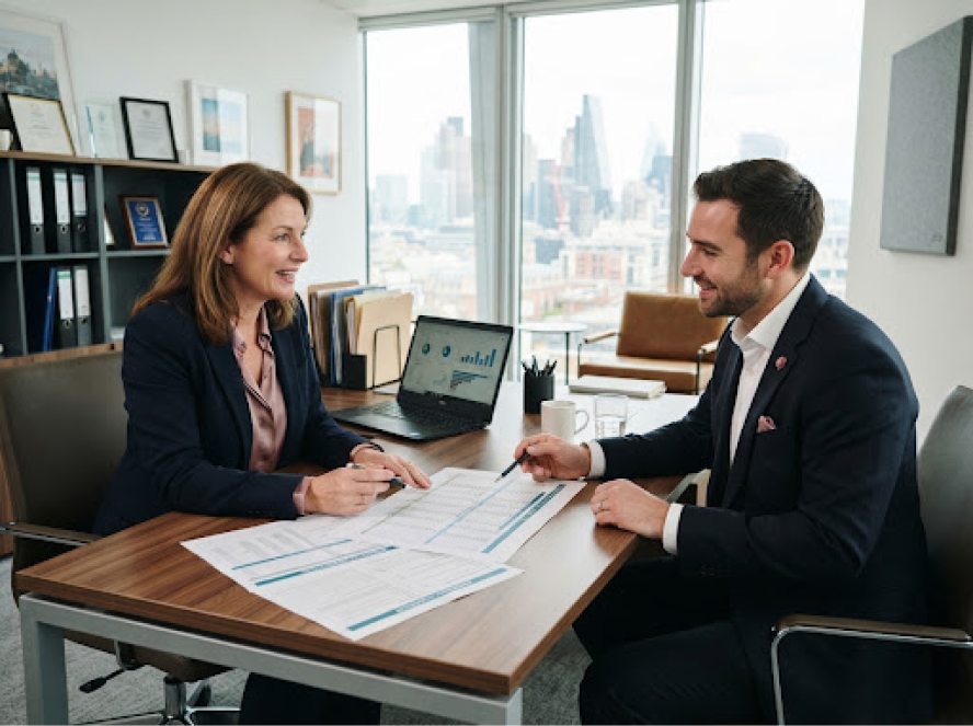 Professional editorial photograph of a seasoned payroll consultant reviewing printed payroll reports and compliance documents with a corporate client in a bright, modern sunlit executive office. Natural engaged co